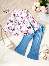 Children's Butterfly Print Top and Flare Pants Set OutfitFlow